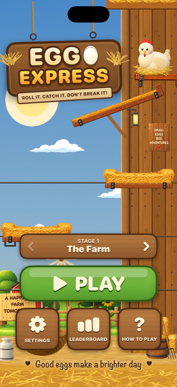 The Egg Express cover: the hen on her nest, the hay ramps and the PLAY button